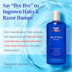 Tend Skin solution bottle label close-up showing precise application for post-shave care.