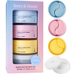Close-up of TEREZ & HONOR eye patches pack, highlighting cooling hydrogel texture for relief.