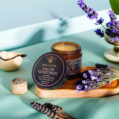 Terra Lotus Honey Tallow Balm ingredients scene shows grass-fed tallow and raw honey