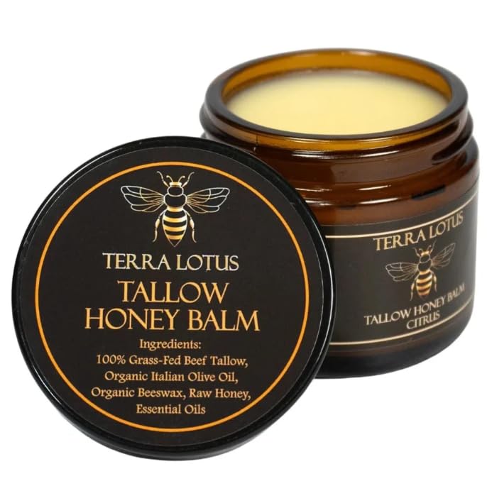Terra Lotus Honey Tallow Balm jar close-up highlighting natural hydration for all skin types