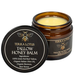 Terra Lotus honey tallow balm jar demonstrates daily moisture for soft skin