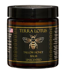 Terra Lotus honey tallow balm packaging highlights small-batch, clean skincare.