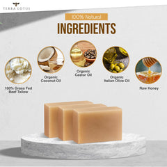 Terra Lotus tallow soap ingredients closeup highlights natural oils and honey