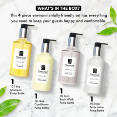 Terra Pure Ecobox conditioner bottle showing glossy hair results for guests.