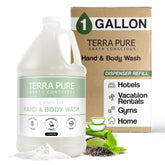 Terra Pure hotel body wash refill gallon ready for dispensers enhances guest satisfaction with simple refills.