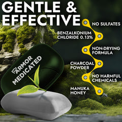 Terramed Just Think Comfort manuka honey charcoal image highlights impurities draw-out and moisture balance.