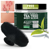 Terramed Just Think Comfort antifungal body wash bottle with scrubber brush for easy cleansing.