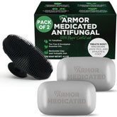 Terramed Just Think Comfort antifungal soap pack 2 beside scrubber for deeper cleansing.