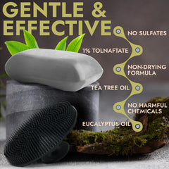 Terramed Just Think Comfort medicated antifungal soap in shower delivering a fresh, clean lather.
