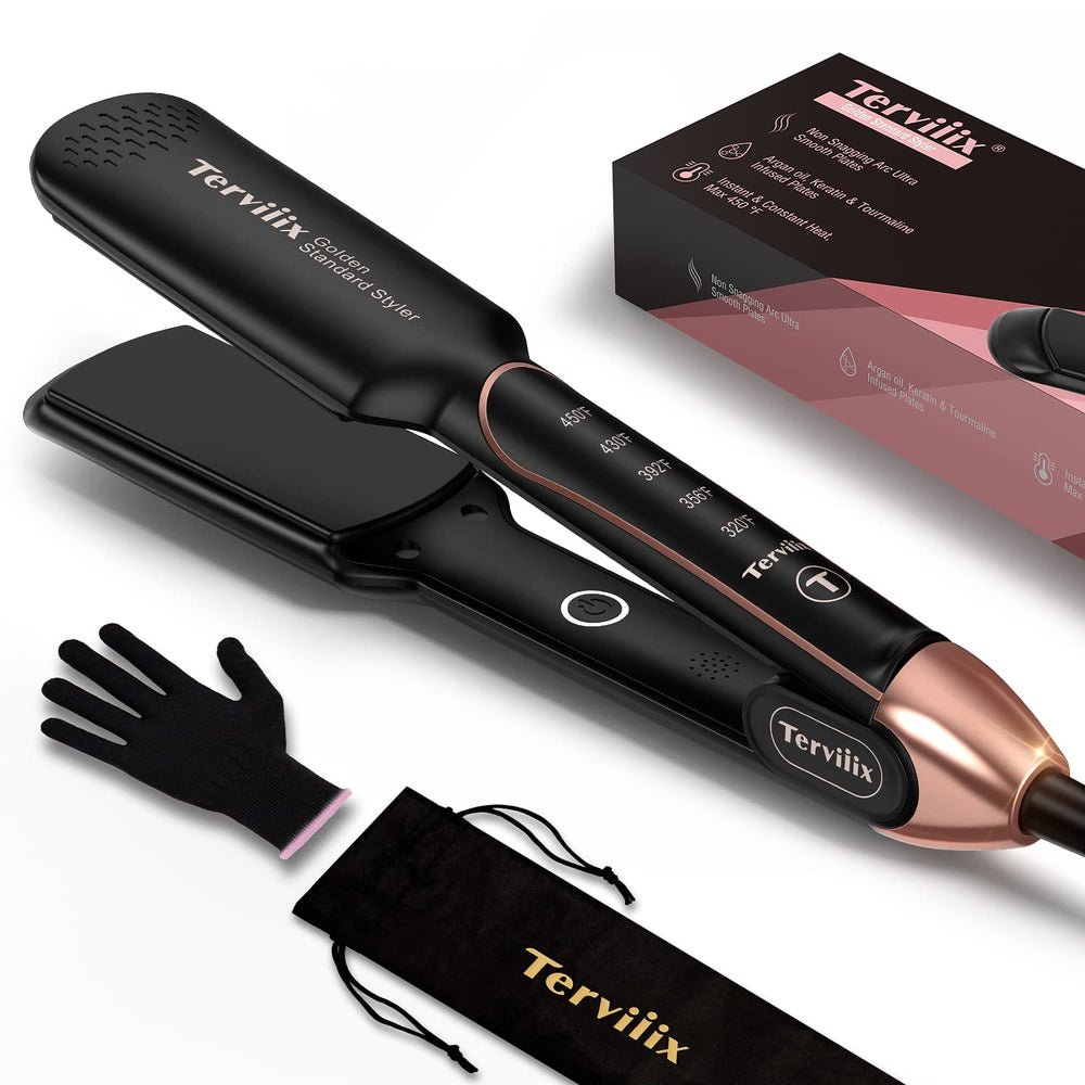 Terviiix flat iron arc-design with 3D floating plates for snag-free straightening.