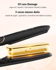 Terviiix ceramic flat iron plates closeup showing argan oil for shiny, healthy-looking hair.
