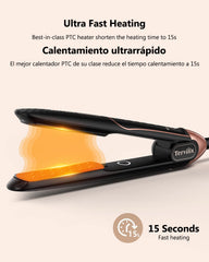 Terviiix flat iron in use gliding through hair with quick 15s heat.