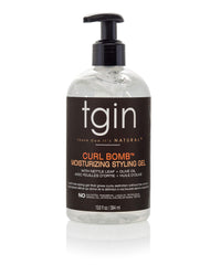 tgin Curl Bomb pump bottle image showing long-lasting hold and moisture