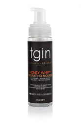 tgin Honey Whip Hydrating Mousse packaging highlighting moisture-rich formula for curls