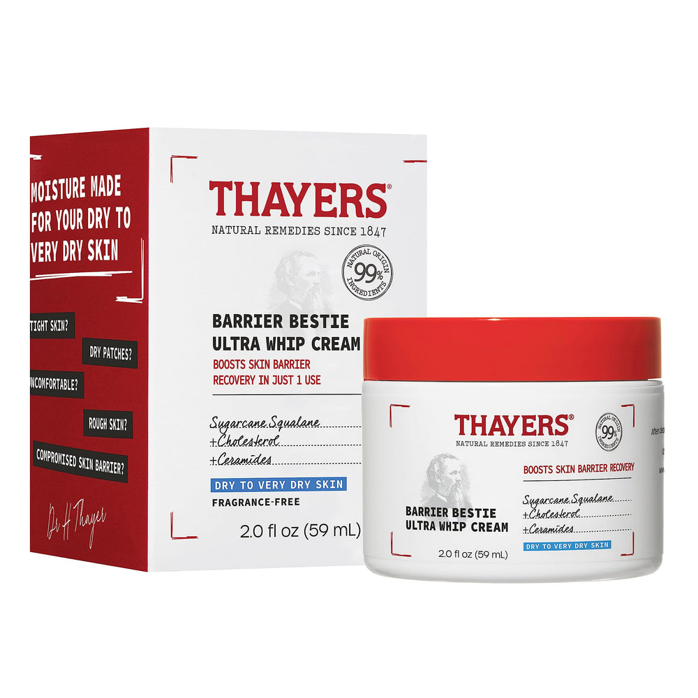 THAYERS Barrier Bestie Ultra Whip Cream jar shows rich texture for deep hydration.