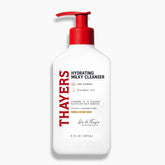 Thayers Milky Hydrating Cleanser bottle pour shows lightweight hydration for daily use.