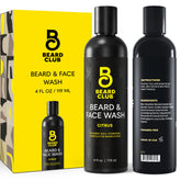 The Beard Club Citrus Beard & Face Wash bottle on a shelf delivers a refreshing citrus cleanse.