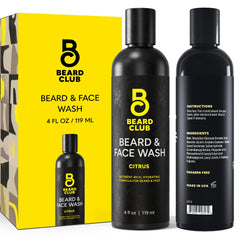 The Beard Club Citrus Beard & Face Wash bottle on a shelf delivers a refreshing citrus cleanse.