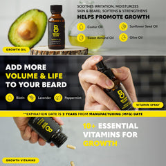 The Beard Club growth oil bottle highlighting castor and cedar for roots and skin.
