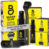 The Beard Club Premium Derma Roller close-up shows 540 titanium needles for precise micro-needling.