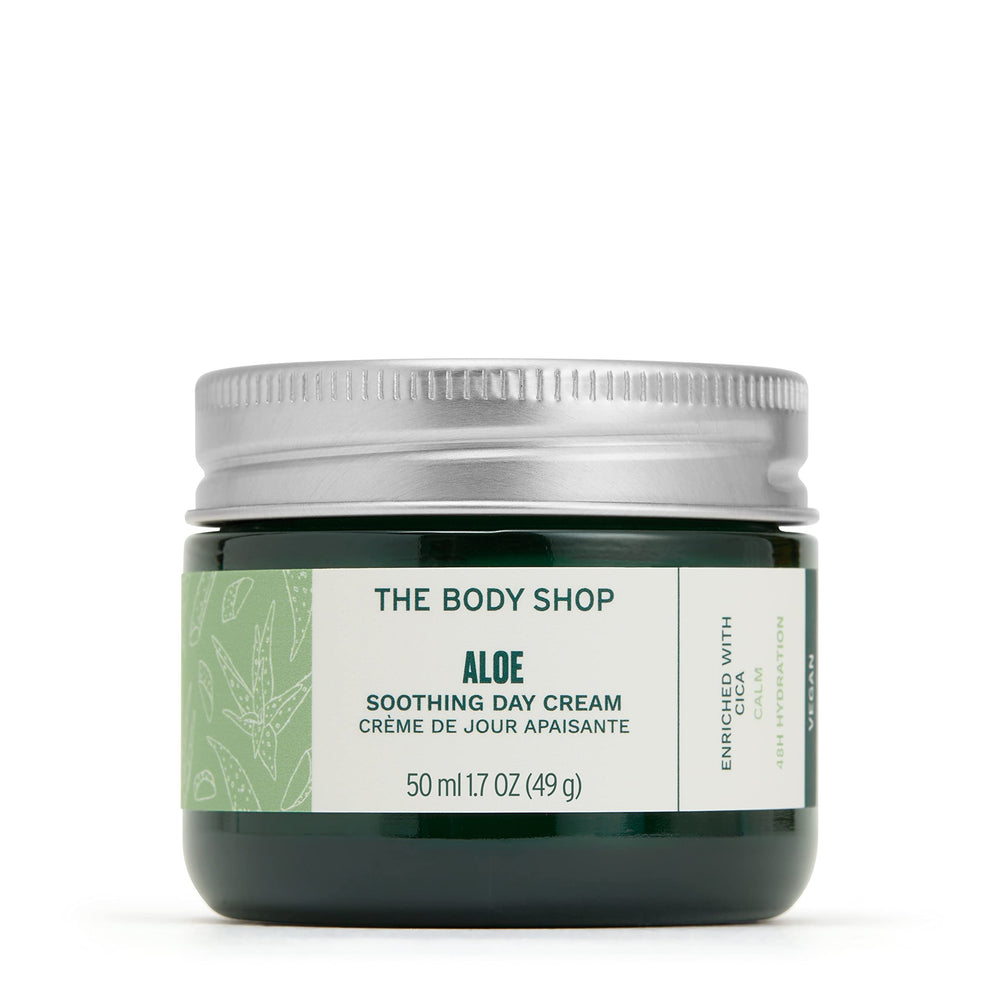 The Body Shop Aloe Vera Day Cream jar closeup showcasing soothing, fragrance-free hydration.