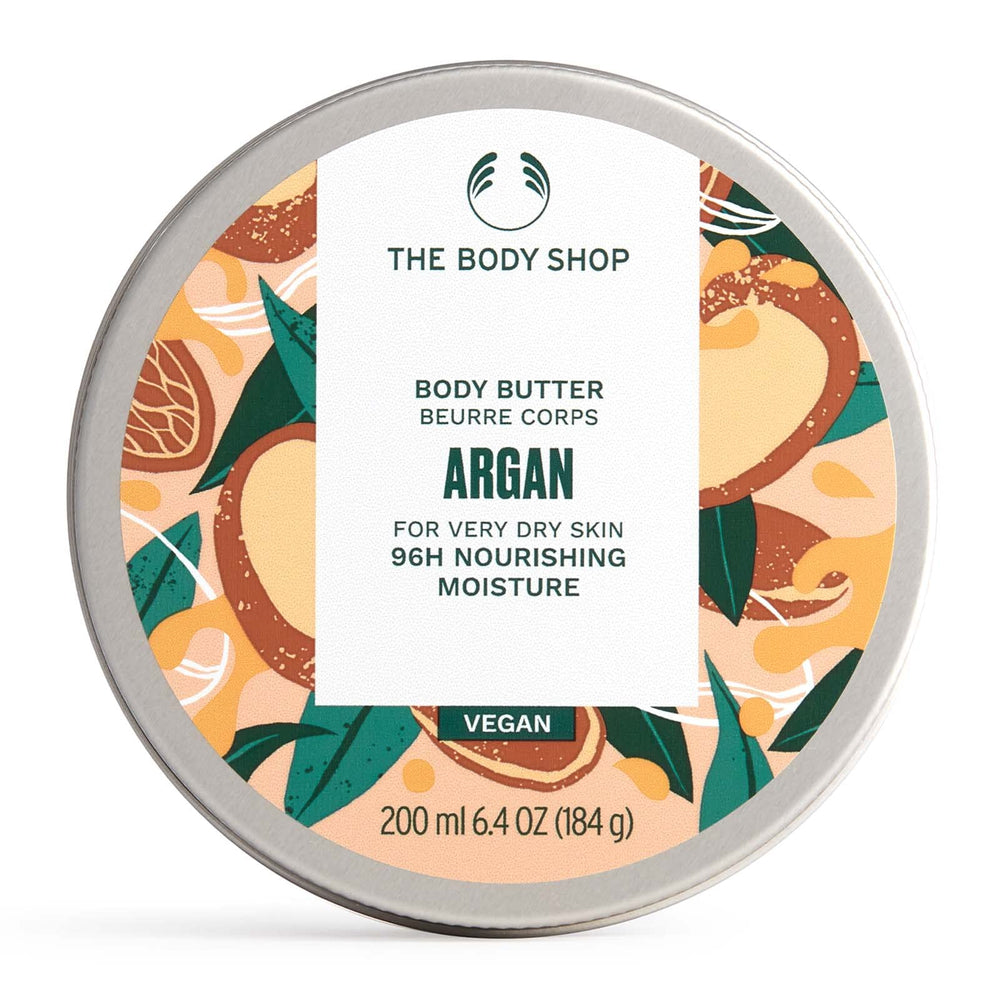 The Body Shop Argan Body Butter jar close-up—rich nourishment for very dry skin.