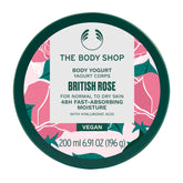 The Body Shop British Rose Body Yogurt bottle close-up shows quick-absorbing hydration for smooth skin.