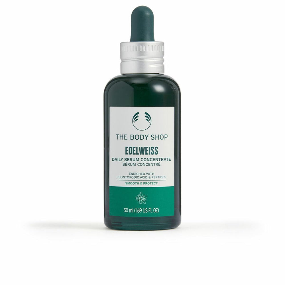The Body Shop Edelweiss serum bottle close-up for radiant hydration.