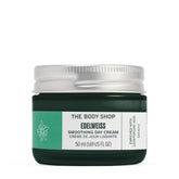 The Body Shop Edelweiss Smoothing Day Cream jar closeup shows plump hydration.
