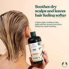 The Body Shop Ginger Scalp Care Conditioner pump close-up demonstrates easy application for hydrated hair.