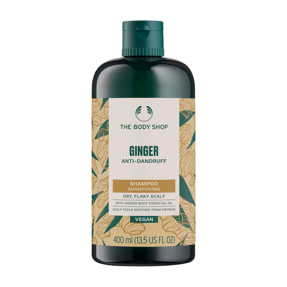 The Body Shop Ginger Scalp Care Shampoo bottle front view for soothing dry scalp.