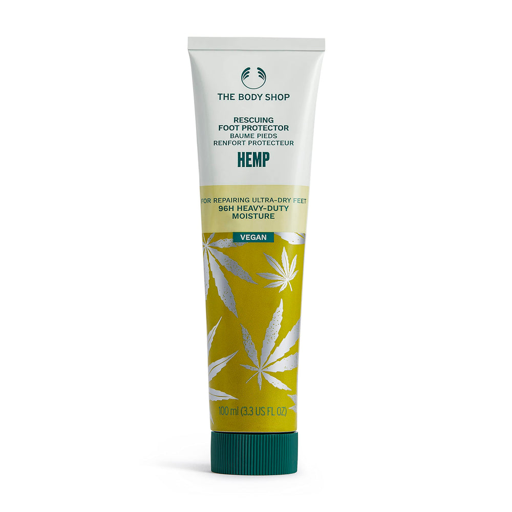 The Body Shop Hemp Foot Protector jar close-up shows rich hydration for ultra-dry feet