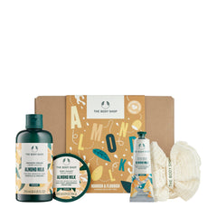 The Body Shop almond milk shower cream bottle provides gentle cleansing and soft skin benefits