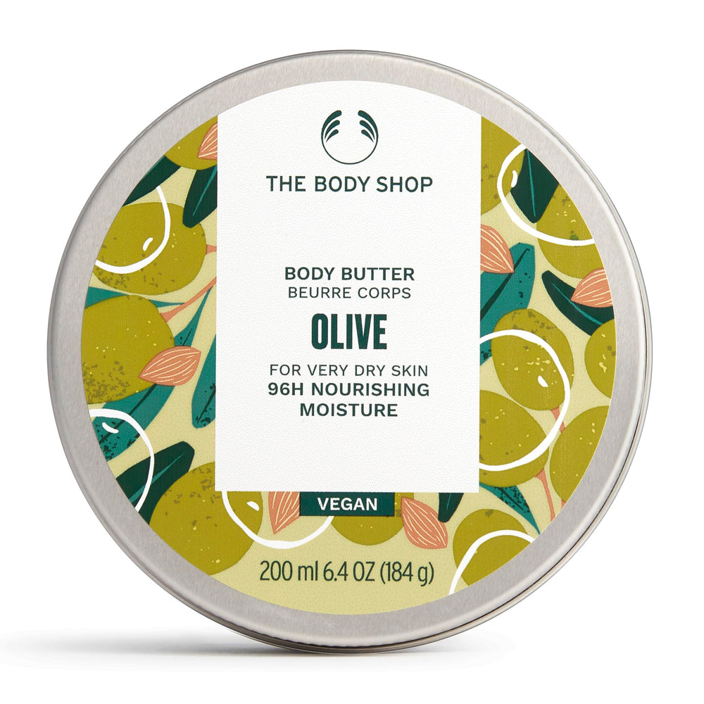 The Body Shop Olive Body Butter jar closeup showing rich hydration for nourished skin