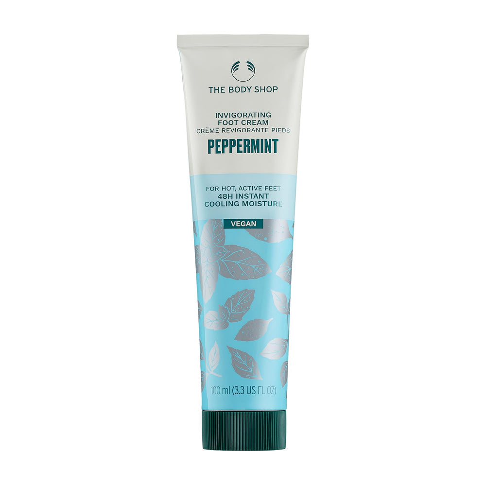The Body Shop Peppermint Invigorating Foot Cream tube close-up showing cooling relief