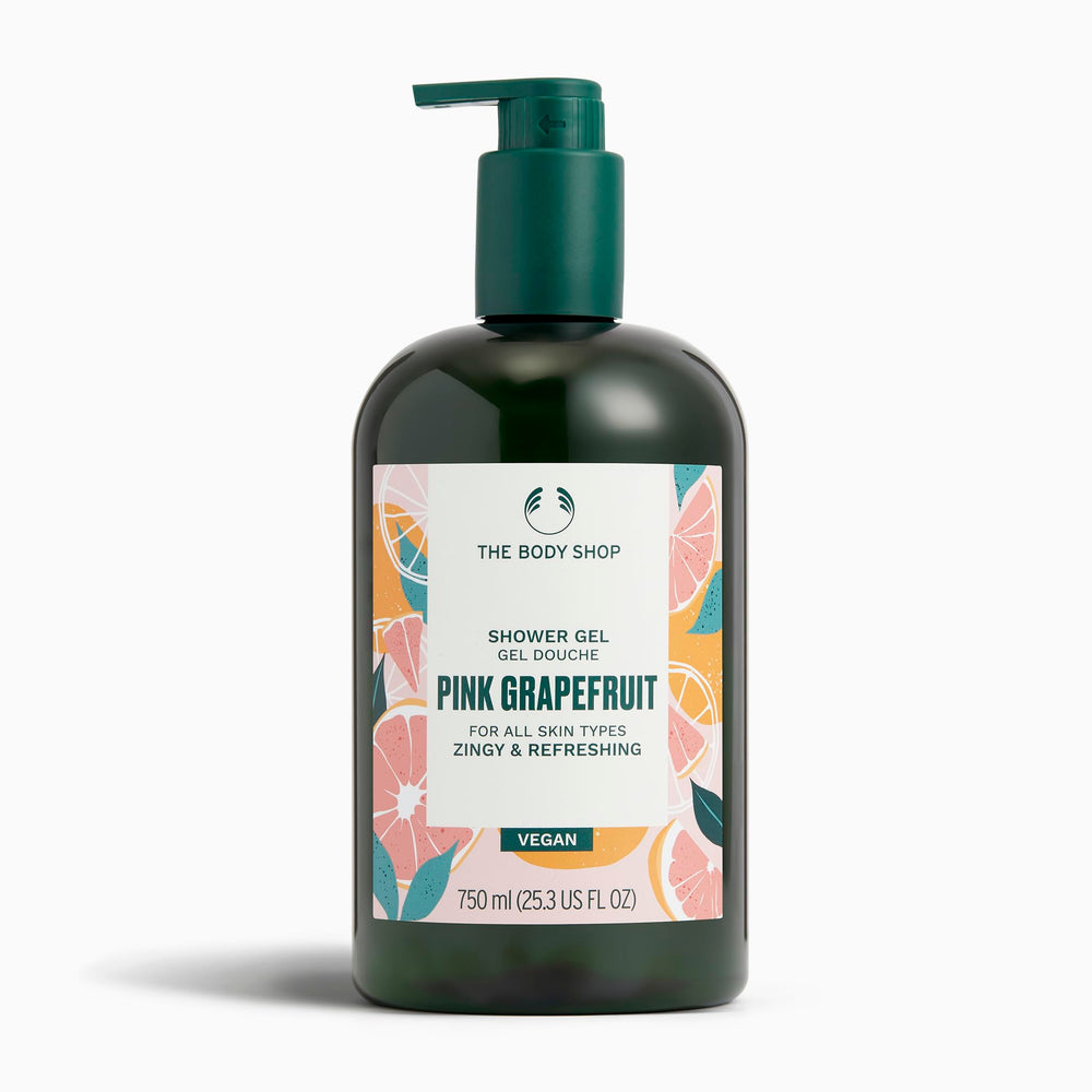 The Body Shop Pink Grapefruit Shower Gel bottle front highlights refreshing citrus.