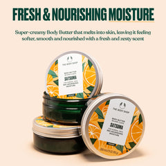 The Body Shop Satsuma Body Butter texture close-up highlights rich, non-greasy cream.