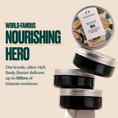The Body Shop Shea Body Butter texture swatch illustrating creamy, non-greasy nourishment.