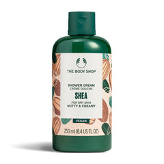 The Body Shop Shea Shower Cream bottle shows creamy cleanse for very dry skin