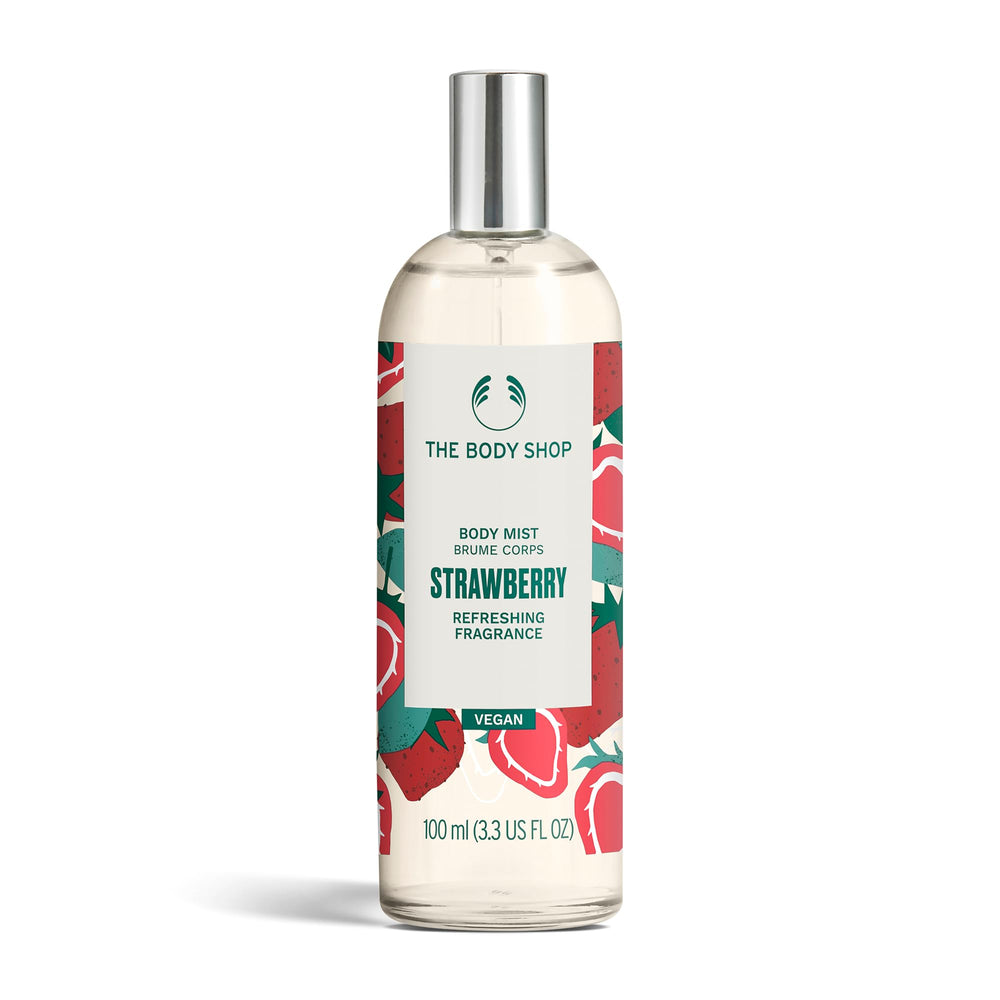 The Body Shop Strawberry Body Mist bottle—fruity fragrance for instant refreshment