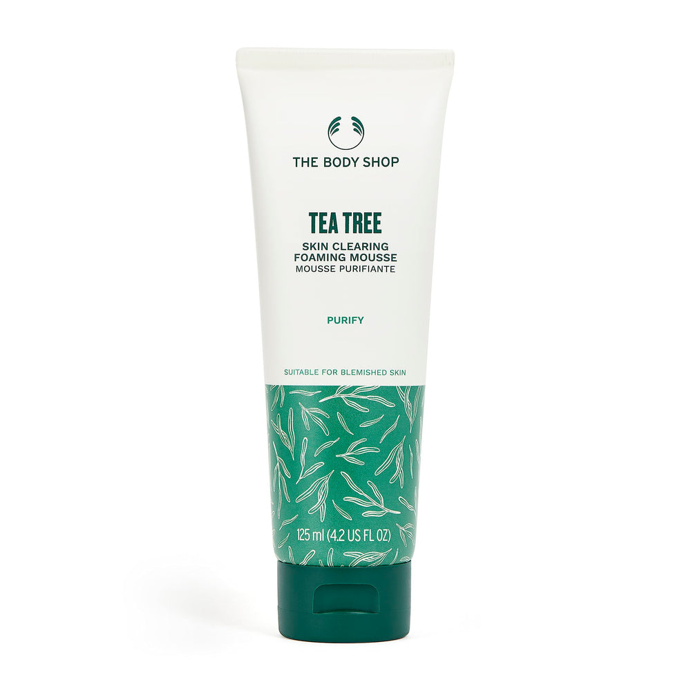 The Body Shop Tea Tree skin-clearing foaming cleanser bottle delivering mattifying cleanse for oily skin.