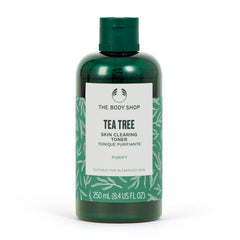 The Body Shop Tea Tree Skin Clearing Mattifying Toner bottle close-up showing oil-control, refreshing cleanse