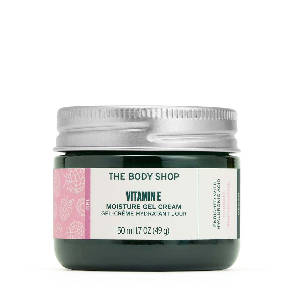 The Body Shop Vitamin E Gel Moisture Cream jar close-up highlighting lightweight hydration