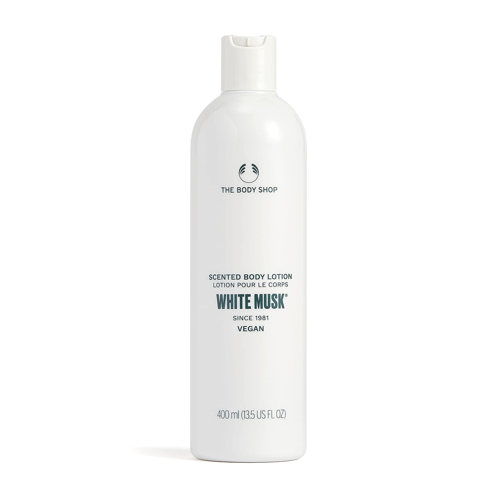 The Body Shop White Musk Body Lotion bottle promoting silky-soft skin hydration