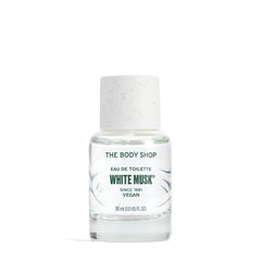 The Body Shop White Musk EDT bottle close-up, hinting at a fresh floral scent.