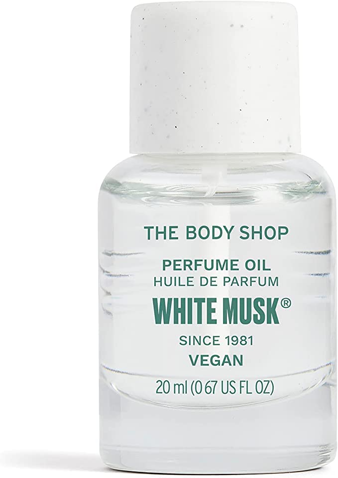 The Body Shop White Musk Perfume Oil bottle closeup showcases a long-lasting, vegan fragrance.