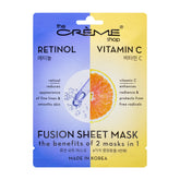 The Crème Shop retinol vitamin C fusion sheet mask pack cover demonstrates anti-aging care at a glance.