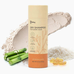The Earthling Co. dry shampoo dark hair bottle shows talc-free, oil-absorbing formula.
