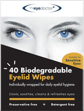 The Eye Doctor biodegradable eyelid wipes box front for eco-friendly daily lid care.