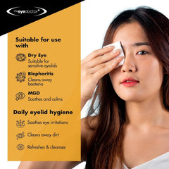 The Eye Doctor wipes box open reveals pre-moistened, rinse-free eyelid care.